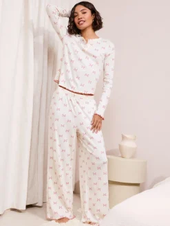 Friends Like These White/Pink Bow Pointelle Wide Leg Pyjamas Discount