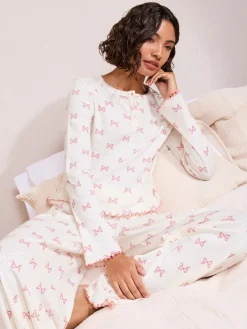 Friends Like These White/Pink Bow Pointelle Wide Leg Pyjamas Discount