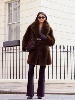 Friends Like These X Lucy Mecklenburgh Belted Faux Fur Mid Length Coat Brown Hot