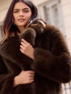 Friends Like These X Lucy Mecklenburgh Belted Faux Fur Mid Length Coat Brown Hot