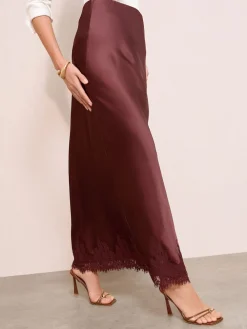 Friends Like These X Lucy Mecklenburgh Satin Lace Trim Maxi Skirt Brown New