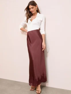 Friends Like These X Lucy Mecklenburgh Satin Lace Trim Maxi Skirt Brown New
