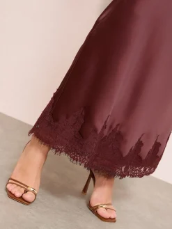 Friends Like These X Lucy Mecklenburgh Satin Lace Trim Maxi Skirt Brown New