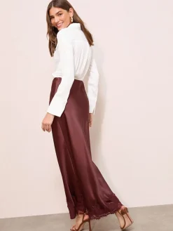 Friends Like These X Lucy Mecklenburgh Satin Lace Trim Maxi Skirt Brown New