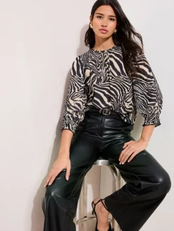 Friends Like These 3/4 Sleeve Shirred Cuff Blouse Zebra Print