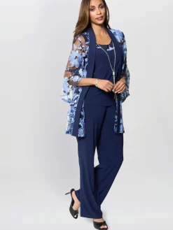 Gina Bacconi Blue Dorris Trousers Suits 3 Piece With Embroidered Jacket Best