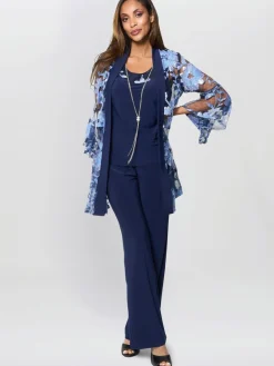 Gina Bacconi Blue Dorris Trousers Suits 3 Piece With Embroidered Jacket Best