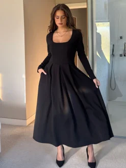Girl In Mind Black Evie Square Neck Long Sleeve Midi Dress Sale