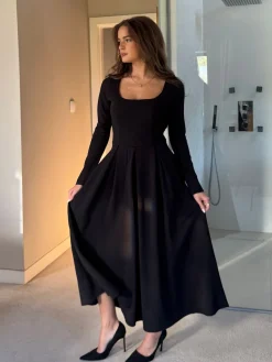 Girl In Mind Black Evie Square Neck Long Sleeve Midi Dress Sale