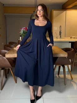 Girl In Mind Blue Evie Square Neck Long Sleeve Midi Dress Discount