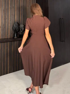 Girl In Mind Brown Katisha Tulip Sleeve High Neck Midi Dress Discount