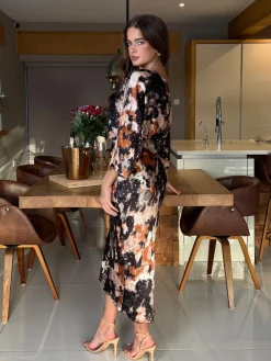 Girl In Mind Brown Leila Off the Shoulder Foiled Print Maxi Dress Best