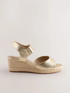 Next Extra Wide Fit Round Toe Elastic Strap Detail Wedges Gold Sale