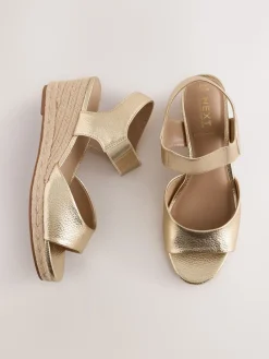Next Extra Wide Fit Round Toe Elastic Strap Detail Wedges Gold Sale