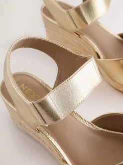 Next Extra Wide Fit Round Toe Elastic Strap Detail Wedges Gold Sale