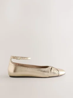 Next Forever Comfort® Leather Ballet Flats With Ankle Strap Gold Outlet
