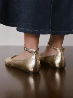 Next Forever Comfort® Leather Ballet Flats With Ankle Strap Gold Outlet