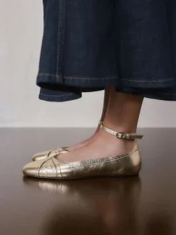 Next Forever Comfort® Leather Ballet Flats With Ankle Strap Gold Outlet