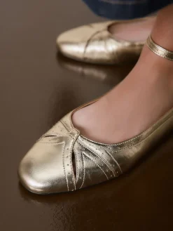 Next Forever Comfort® Leather Ballet Flats With Ankle Strap Gold Outlet