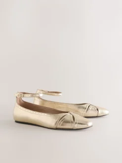 Next Forever Comfort® Leather Ballet Flats With Ankle Strap Gold Outlet