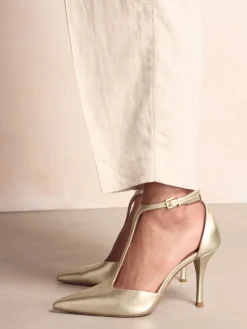 Next Leather T-Bar Pointed Toe Heels Gold Sale
