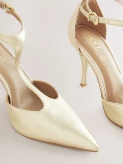 Next Leather T-Bar Pointed Toe Heels Gold Sale