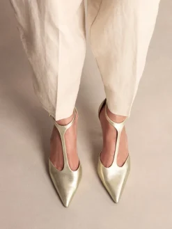 Next Leather T-Bar Pointed Toe Heels Gold Sale