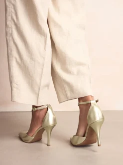 Next Leather T-Bar Pointed Toe Heels Gold Sale