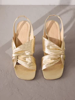 Next Gold Signature Premium Leather Twist Heeled Sandals Clearance