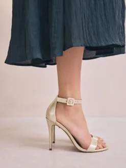 Next Signature Premium Leather High Round Toe Simple Sandals Gold New