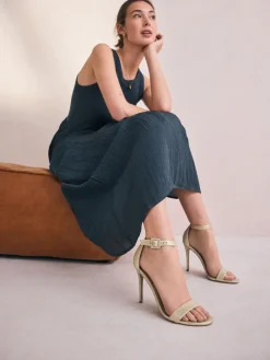 Next Signature Premium Leather High Round Toe Simple Sandals Gold New