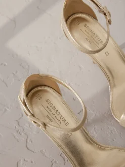 Next Signature Premium Leather High Round Toe Simple Sandals Gold New