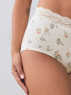 Next Green Ditsy Floral Full Brief Cotton Lace Knickers 4 Pack Sale