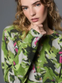 Next Green Duck Print Crew Neck Knitted Cardigan With Wool Clearance