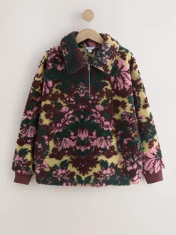Next Jacquard Teddy Borg Quarter Zip Fleece Sweatshirt Green Floral Best