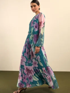 Next Green Floral Long Sleeve Mesh Maxi Dress Sale