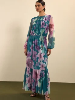 Next Green Floral Long Sleeve Mesh Maxi Dress Sale