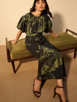 Next Print Puff Sleeve Midi Dress Green Floral Outlet