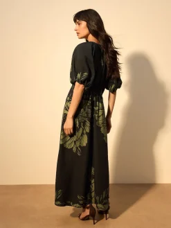 Next Print Puff Sleeve Midi Dress Green Floral Outlet