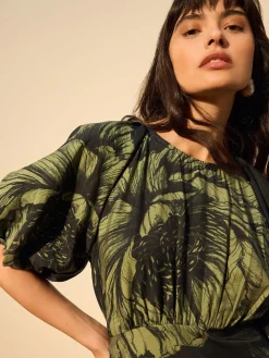 Next Print Puff Sleeve Midi Dress Green Floral Outlet