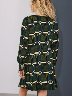 Next Long Sleeve A-Line Mini Dress Green Geo Print Online