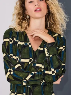 Next Long Sleeve A-Line Mini Dress Green Geo Print Online
