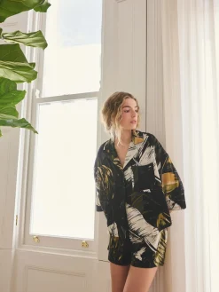 Next Button Through Short Pyjamas Set Green Palm Hot