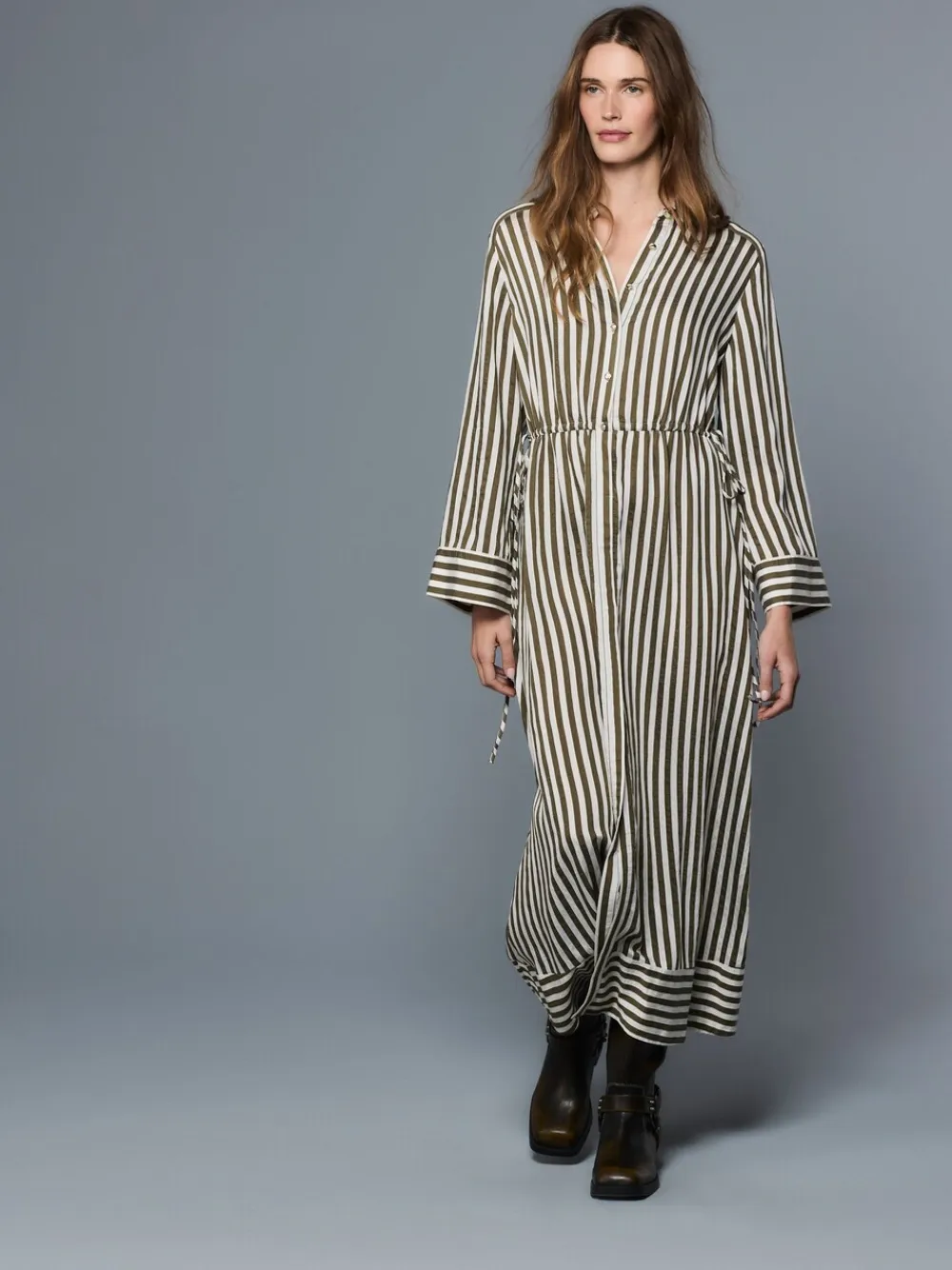 Next Tie Waist Long Sleeve Midi Shirt Dress Green Stripe Sale