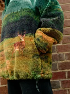 Next Printed Borg Fleece Top Green Woodland Scene