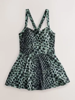 Next Tummy Control Skirted Swim Dress Green/Black Leopard Print Discount