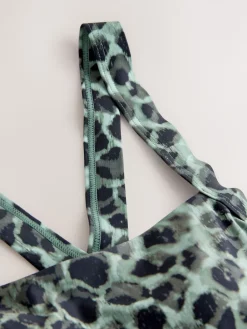 Next Tummy Control Skirted Swim Dress Green/Black Leopard Print Discount