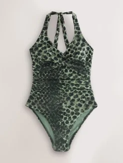 Next Green/Black Leopard Print Halterneck Tummy Control Swimsuit Online