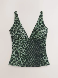 Next Plunge Tummy Control Tankini Top Green/Black Leopard Print Best