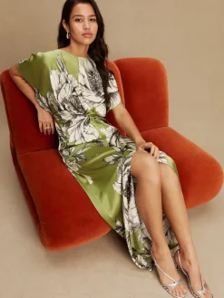 Next Textured Satin Short Sleeve Twist Front Midi Dress Green/Ecru Sale